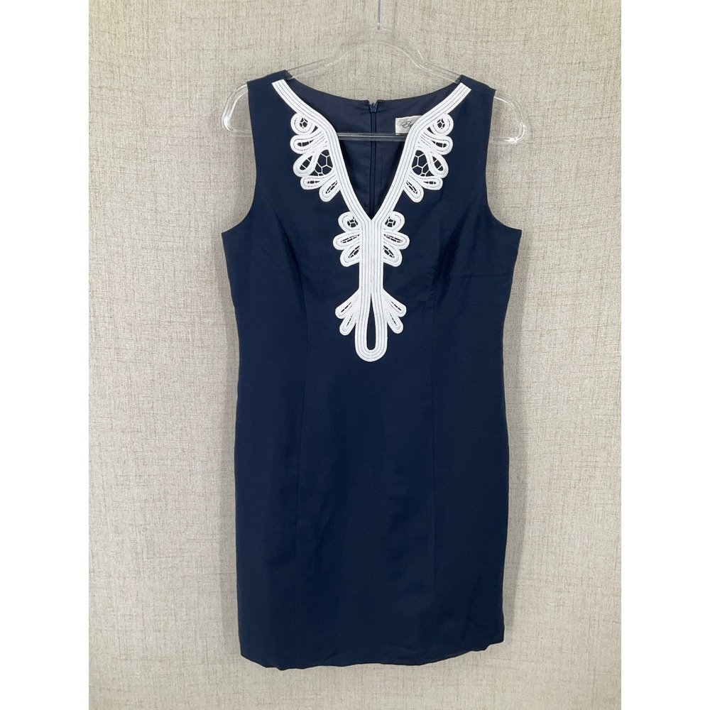 Eliza J Sheath Dress Womens 10 Navy Blue Linen Soutache Lace‎ V-Neck Coastal